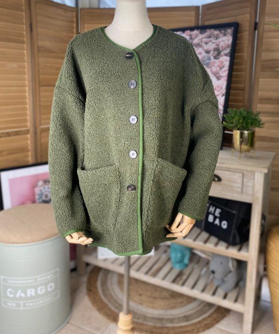 Veste Sherpa kaki doublée suédine du 38 au 48/50 et même +