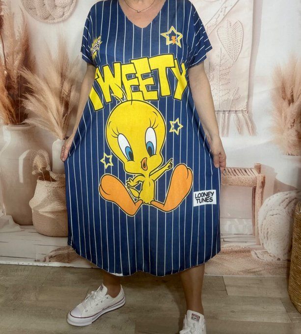 Robe mi-longue ample lycra marine rayée blanche Titi Looney Tunes du 42 au 54 