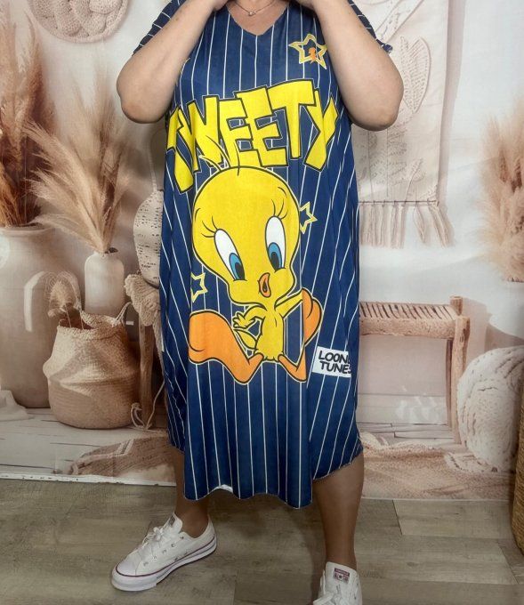 Robe mi-longue ample lycra marine rayée blanche Titi Looney Tunes du 42 au 54 