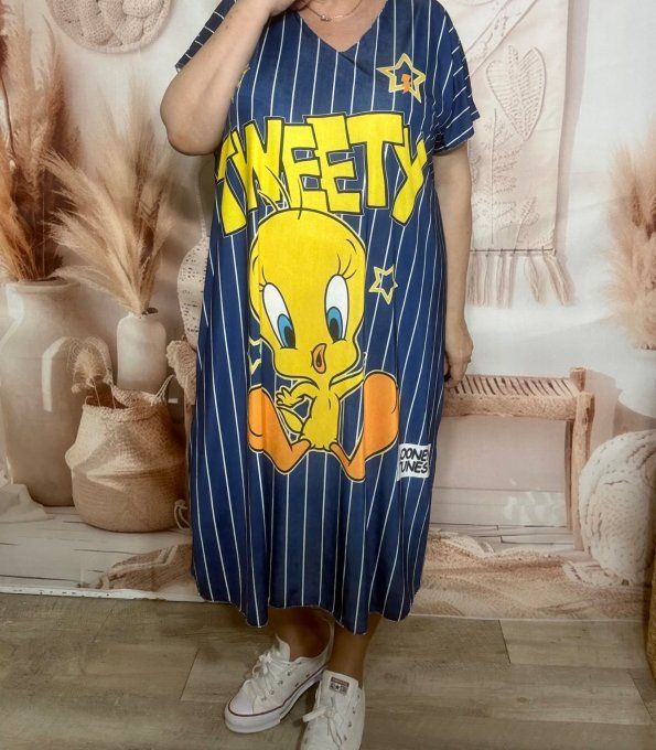 Robe mi-longue ample lycra marine rayée blanche Titi Looney Tunes du 42 au 54 