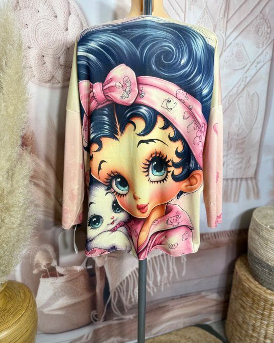 Top manches longues beige Betty Boop & son chat doublé fine polaire du 40 au 54/56   