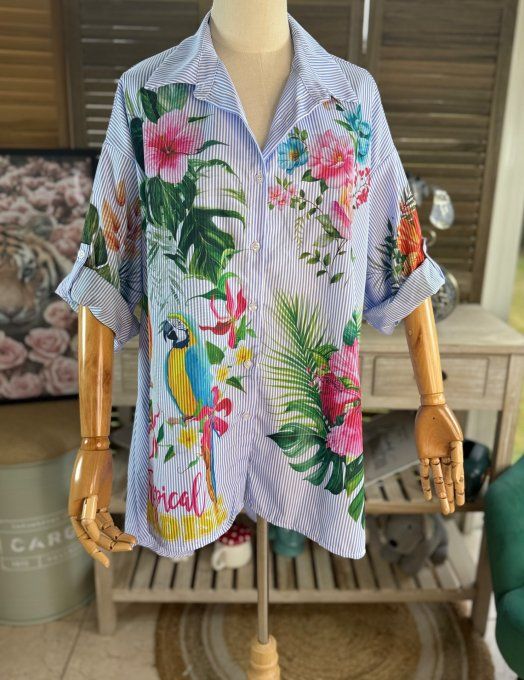 Chemise oversize rayée bleu & blanc Jungle Tropicale Perroquets du 40 au 52  