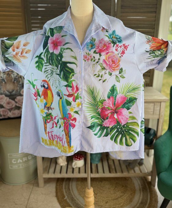 Chemise oversize rayée bleu & blanc Jungle Tropicale Perroquets du 40 au 52  