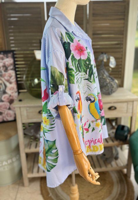 Chemise oversize rayée bleu & blanc Jungle Tropicale Perroquets du 40 au 52  