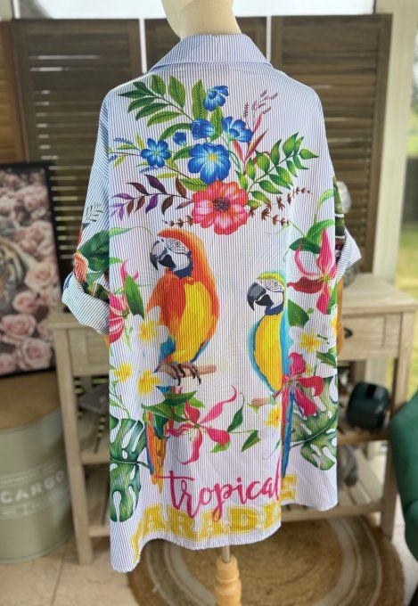 Chemise oversize rayée bleu & blanc Jungle Tropicale Perroquets du 40 au 52  
