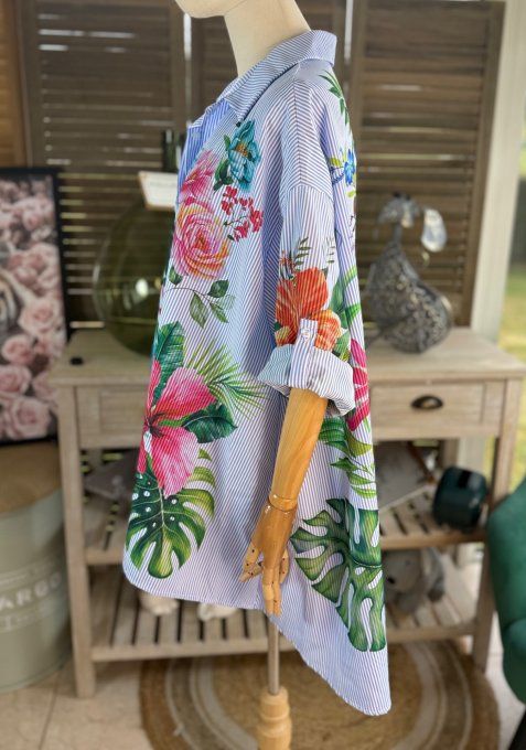 Chemise oversize rayée bleu & blanc Jungle Tropicale Perroquets du 40 au 52  