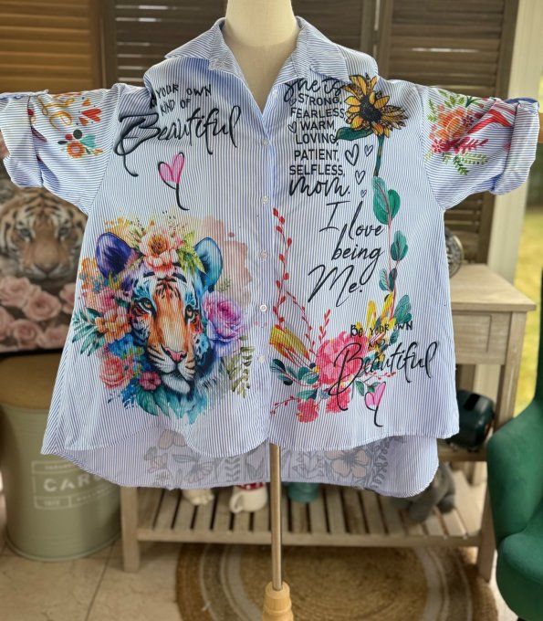 Chemise oversize rayée bleu & blanc  Le Majestueux Tigre multicolore du 40 au 52 