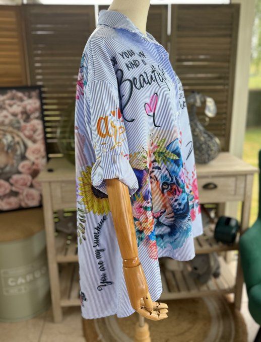 Chemise oversize rayée bleu & blanc  Le Majestueux Tigre multicolore du 40 au 52 