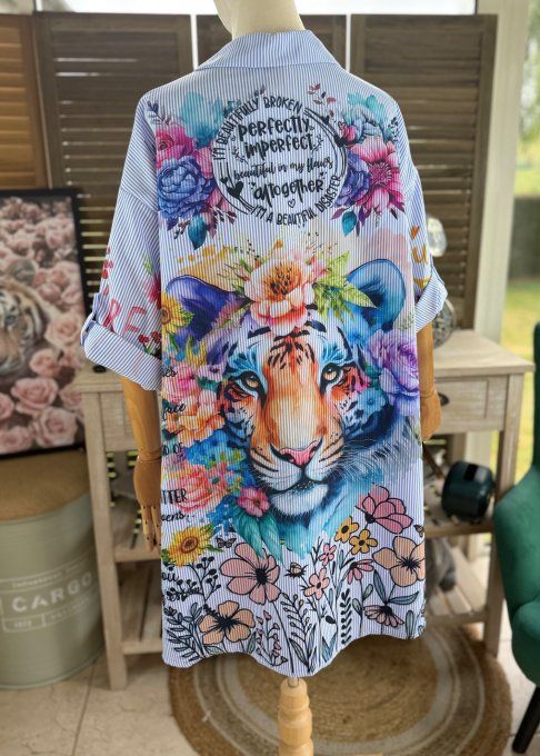Chemise oversize rayée bleu & blanc  Le Majestueux Tigre multicolore du 40 au 52 