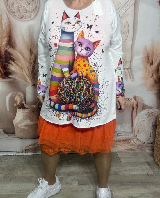 Top manches longues blanc Les chats multicolores et les papillons du 40 au 50/52