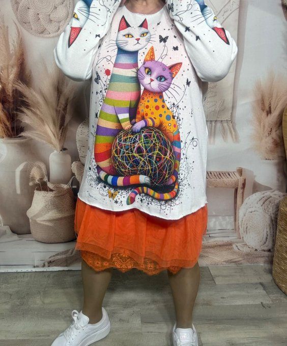 Top manches longues blanc Les chats multicolores et les papillons du 40 au 50/52