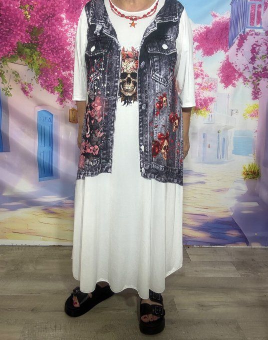 Robe longue blanche et effet jeans brut délavé Skulls & Fleurs multicolores du 40 au 50/52 