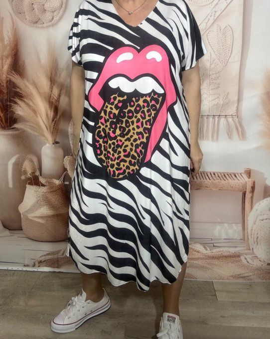 Robe mi-longue ample lycra blanche zébrée The Rolling Stones Léopard du 42 au 54 