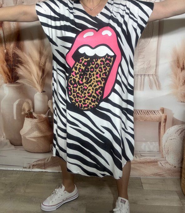 Robe mi-longue ample lycra blanche zébrée The Rolling Stones Léopard du 42 au 54 