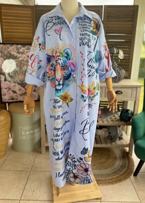 Robe-Chemise longue oversize rayée Le Majestueux Tigre multicolore du 40 au 48/50 (si portée fermée)