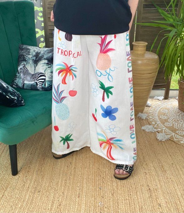 Pantalon Palazzo blanc Tropical Love Toucan fleurs exotiques du 42 au 50/52