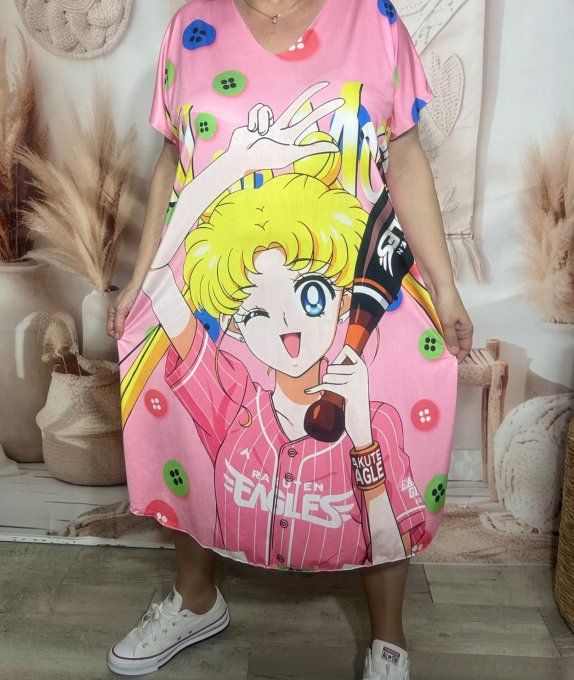 Robe mi-longue ample lycra Rose bonbon Manga Little Girl du 42 au 54 