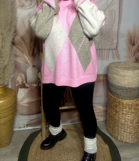 pull ample rose bonbon Argyle losanges beige camel chiné douceur +++ du 36 au 46/48