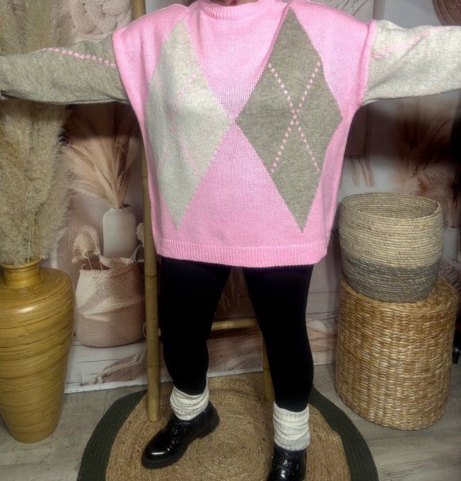 pull ample rose bonbon Argyle losanges beige camel chiné douceur +++ du 36 au 46/48