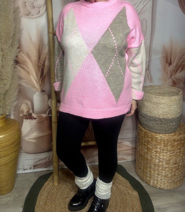 pull ample rose bonbon Argyle losanges beige camel chiné douceur +++ du 36 au 46/48