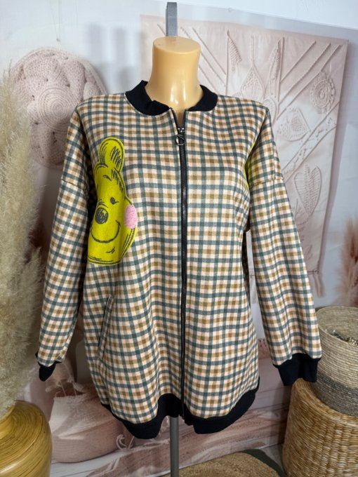 Blouson Teddy carreaux Tartan tout doublé sherpa Winnie l'Ourson  du 38 au 50 et même +