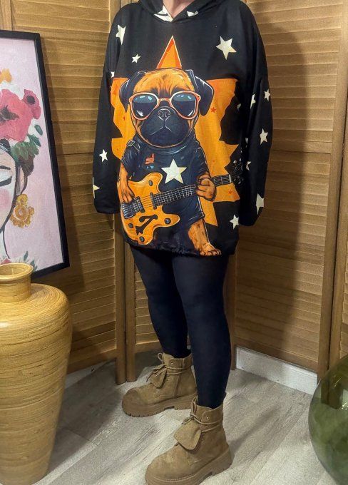 Sweat fin à capuche long noir Chien Carlin Rock Star du 40 au 52/54