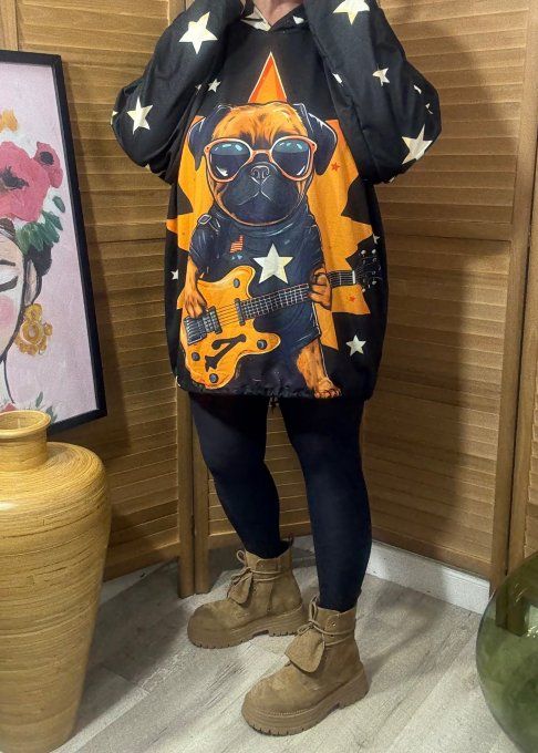 Sweat fin à capuche long noir Chien Carlin Rock Star du 40 au 52/54