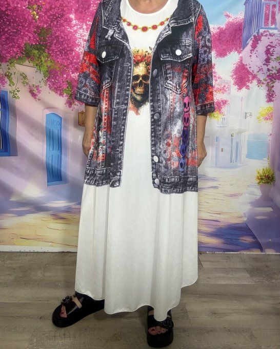 Robe longue blanche et effet jeans brut délavé Skulls & Red Roses du 40 au 50/52 