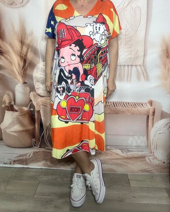 Robe mi-longue ample lycra orangée Betty Boop US Firewoman du 42 au 54 