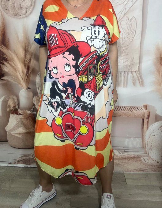 Robe mi-longue ample lycra orangée Betty Boop US Firewoman du 42 au 54 