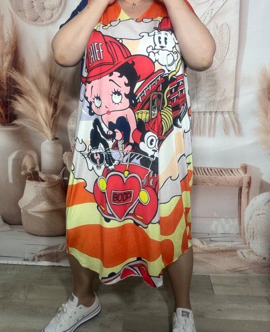 Robe mi-longue ample lycra orangée Betty Boop US Firewoman du 42 au 54 