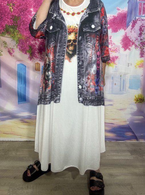 Robe longue blanche et effet jeans brut délavé Skulls & Red Roses du 40 au 50/52 