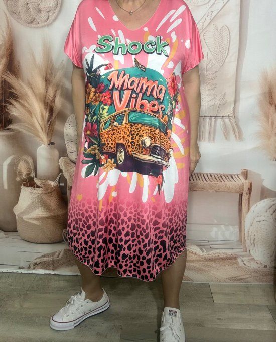 Robe mi-longue ample lycra Léopard rose Combi Mama Vibes du 42 au 54 