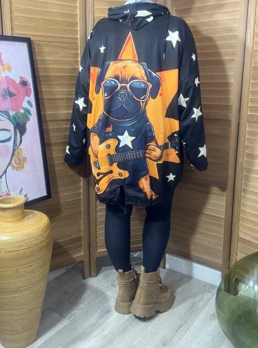 Sweat fin à capuche long noir Chien Carlin Rock Star du 40 au 52/54