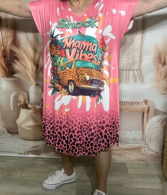 Robe mi-longue ample lycra Léopard rose Combi Mama Vibes du 42 au 54 