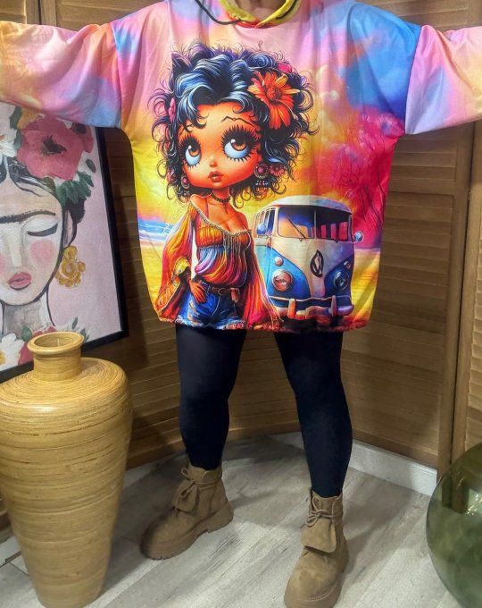 Sweat fin à capuche long multicolore Pretty Betty Boop du 40 au 52/54 
