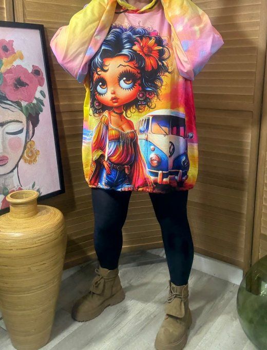 Sweat fin à capuche long multicolore Pretty Betty Boop du 40 au 52/54 