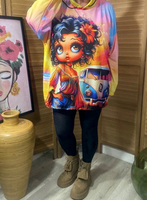 Sweat fin à capuche long multicolore Pretty Betty Boop du 40 au 52/54 