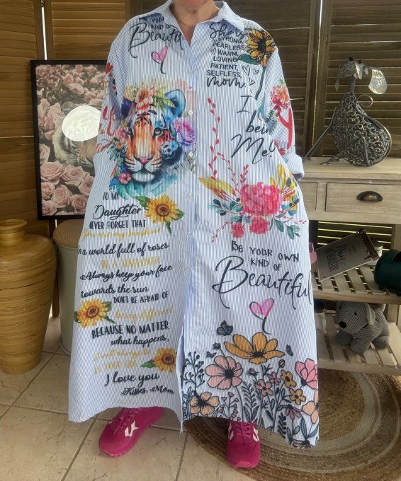 Robe-Chemise longue oversize rayée Le Majestueux Tigre multicolore du 40 au 48/50 (si portée fermée)