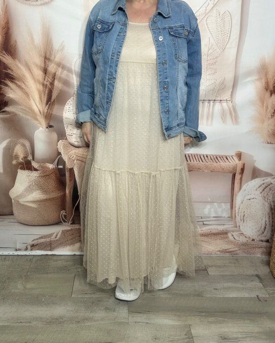 Robe longue tulle beige et plumetis  fines bretelles réglables du 38 au 48  