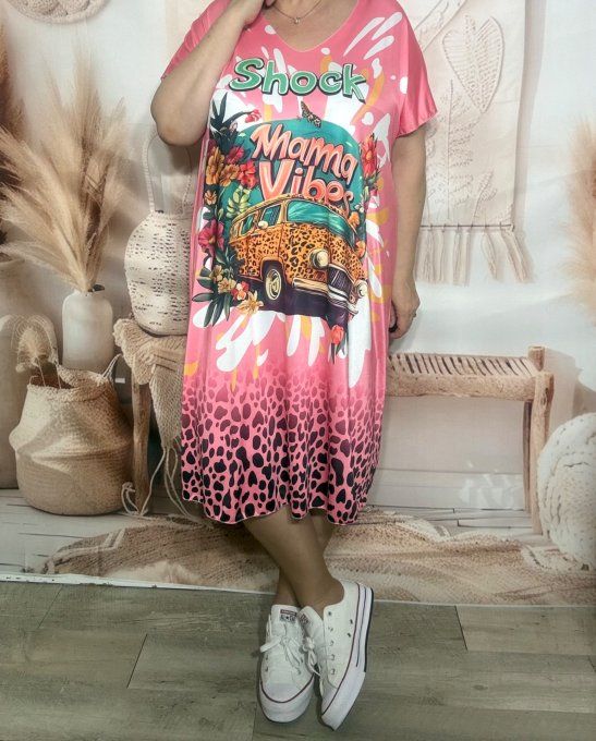Robe mi-longue ample lycra Léopard rose Combi Mama Vibes du 42 au 54 