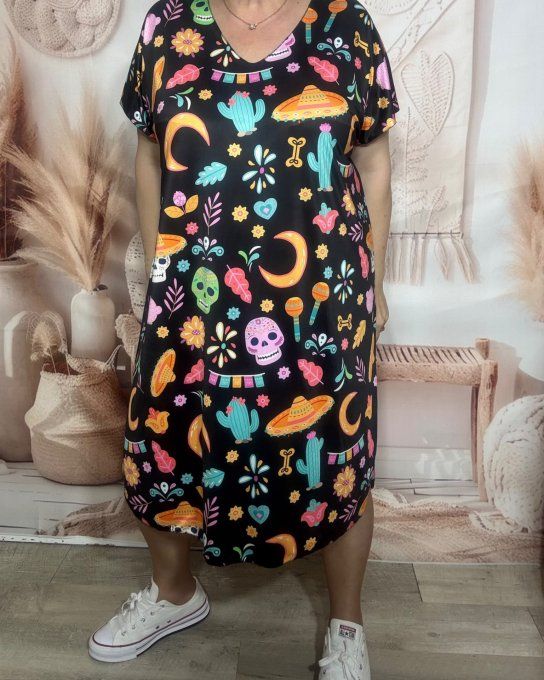 Robe mi-longue ample lycra noire Viva Mexican Skulls Calaveras du 42 au 54 