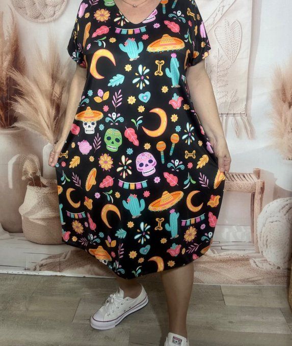 Robe mi-longue ample lycra noire Viva Mexican Skulls Calaveras du 42 au 54 
