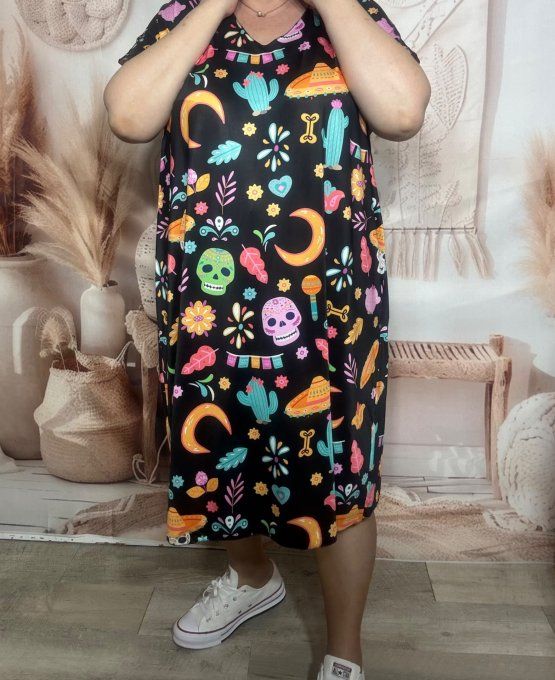 Robe mi-longue ample lycra noire Viva Mexican Skulls Calaveras du 42 au 54 