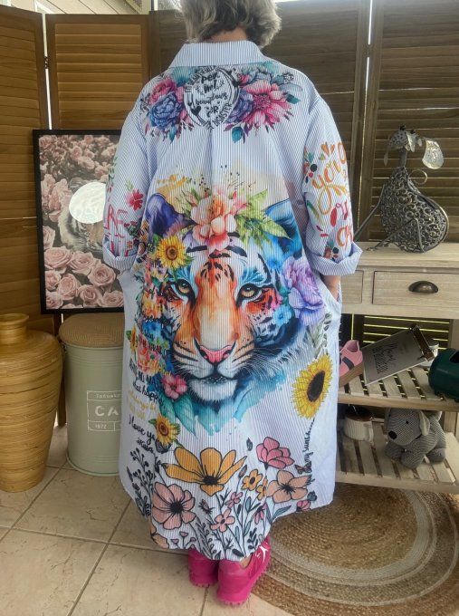 Robe-Chemise longue oversize rayée Le Majestueux Tigre multicolore du 40 au 48/50 (si portée fermée)