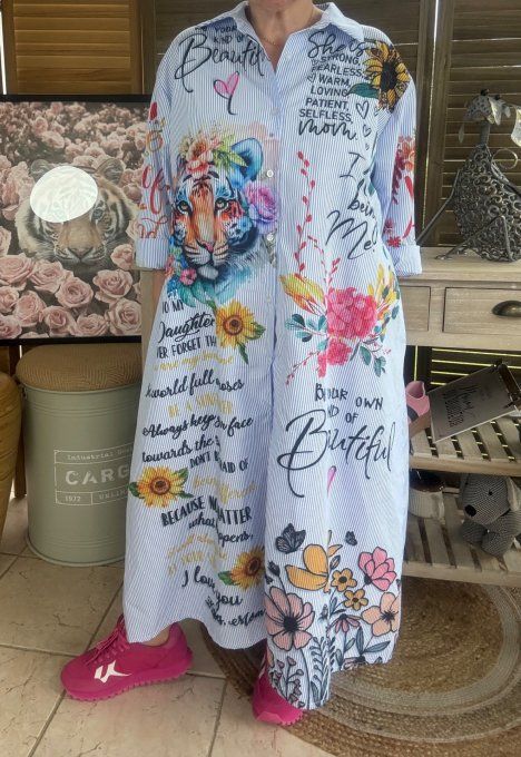 Robe-Chemise longue oversize rayée Le Majestueux Tigre multicolore du 40 au 48/50 (si portée fermée)