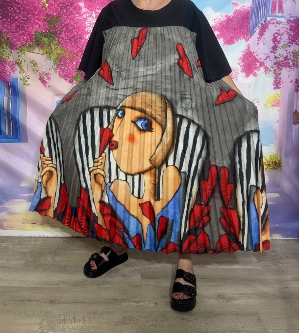 Robe mi-longue plissée noire marbrée grise Picasso Hearts Woman du 40 au 52 