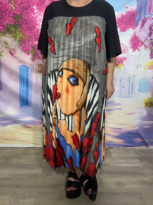 Robe mi-longue plissée noire marbrée grise Picasso Hearts Woman du 40 au 52 