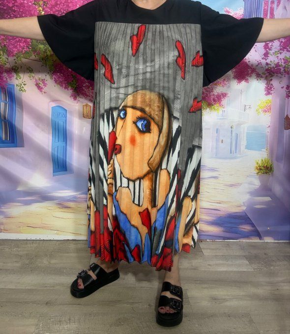 Robe mi-longue plissée noire marbrée grise Picasso Hearts Woman du 40 au 52 