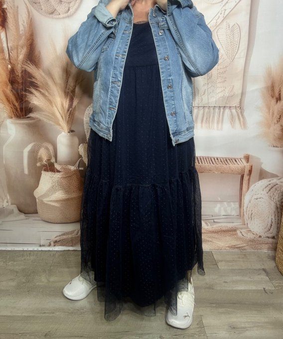 Robe longue tulle marine et plumetis  fines bretelles réglables du 38 au 48 